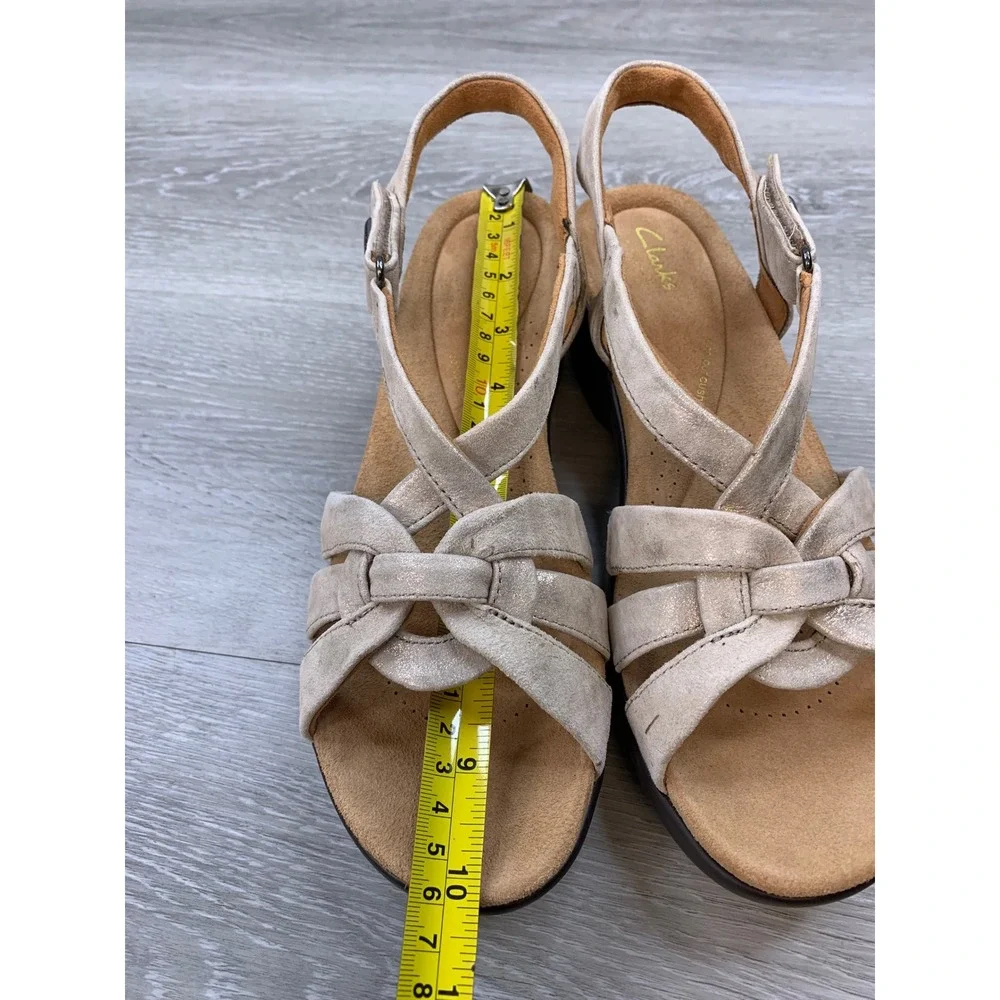 Clarks Women's Tuleah Cross Metallic Suede Wedge Sandals Beige 9 Comfort Shoes